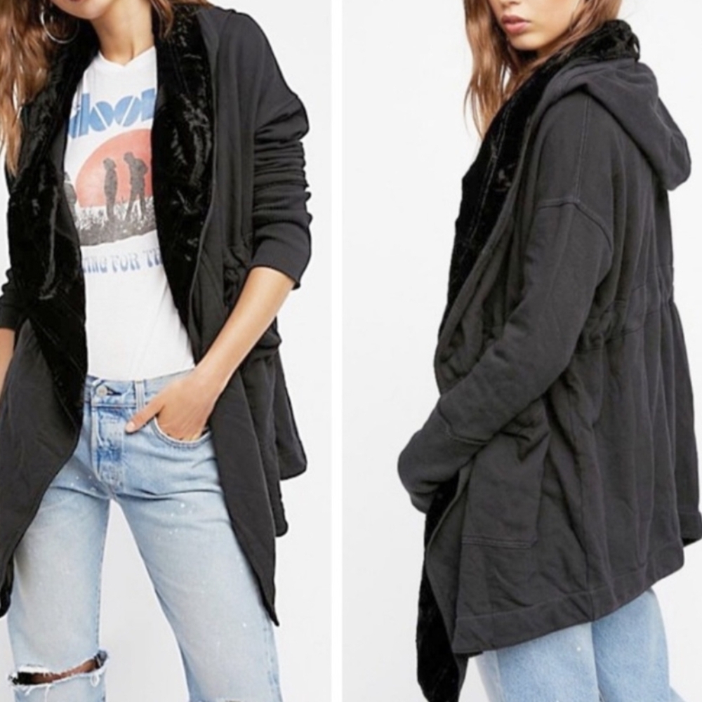 Free People Westwood Cardigan Velvet Trim Hooded Oversized Coat Black Small